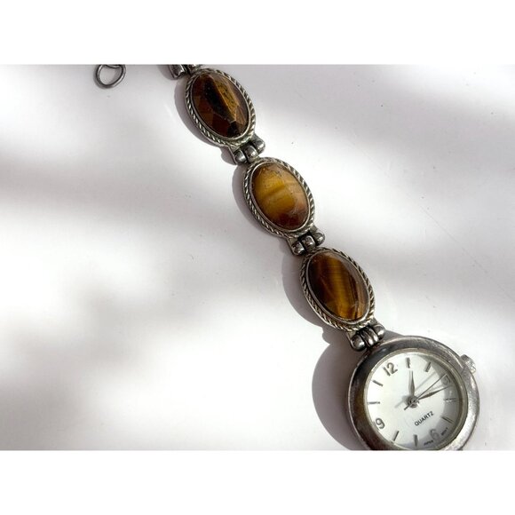Faux Tiger's Eye Scarab Silver T 90's Vintage Wristwatch - 22mm - WORKS! - Picture 6 of 12
